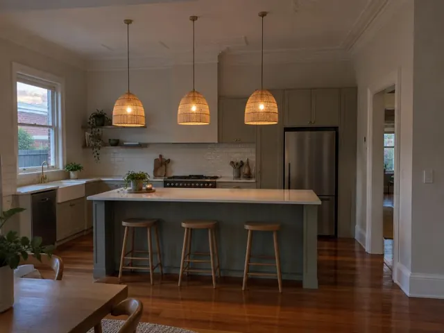 Three woven pendant lights over a kitchen island in a renovated home interior in Stockton